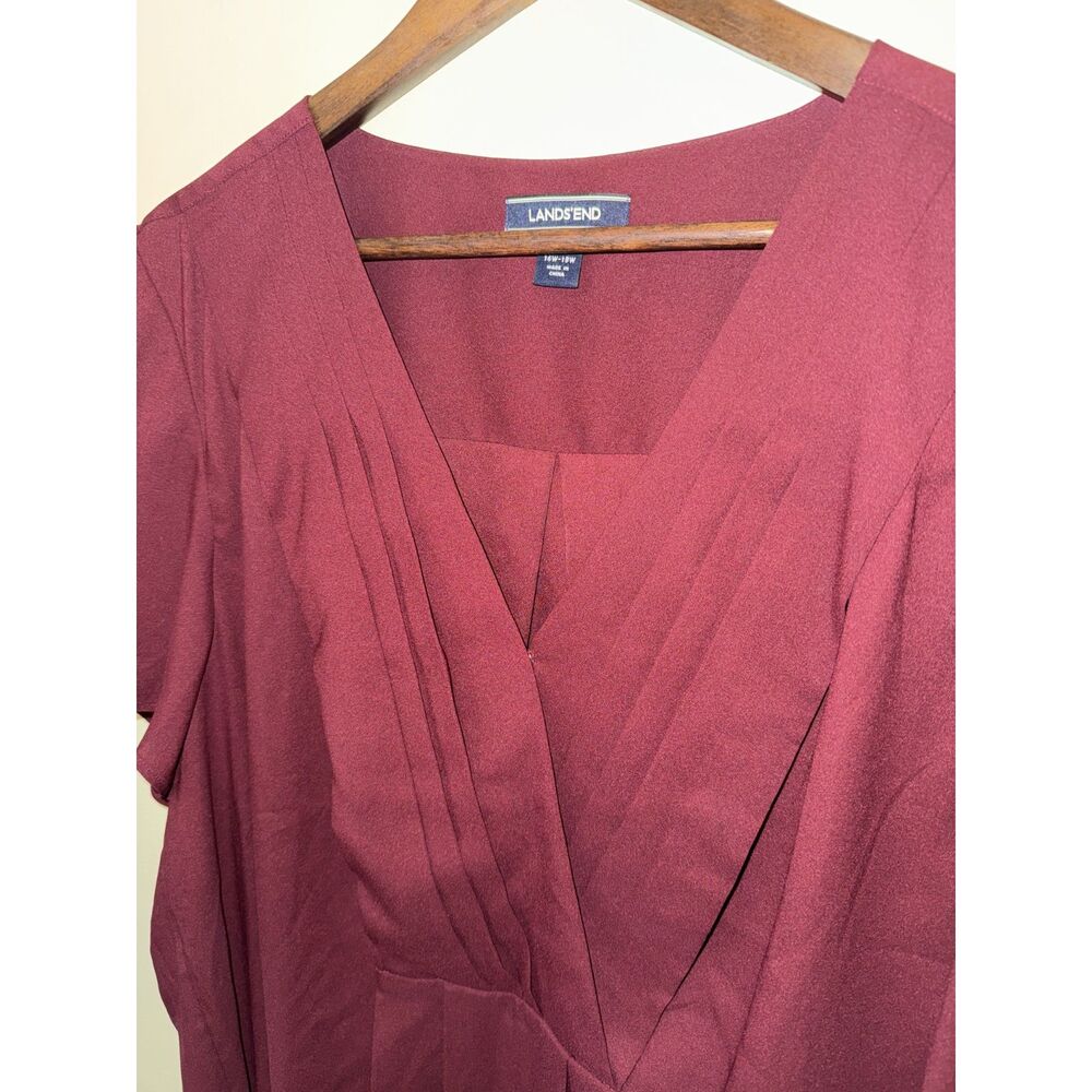 Lands' End Burgundy Pleated Surplice V-Neck Blouse 1X Plus Size Short Sleeve - Picture 3 of 9